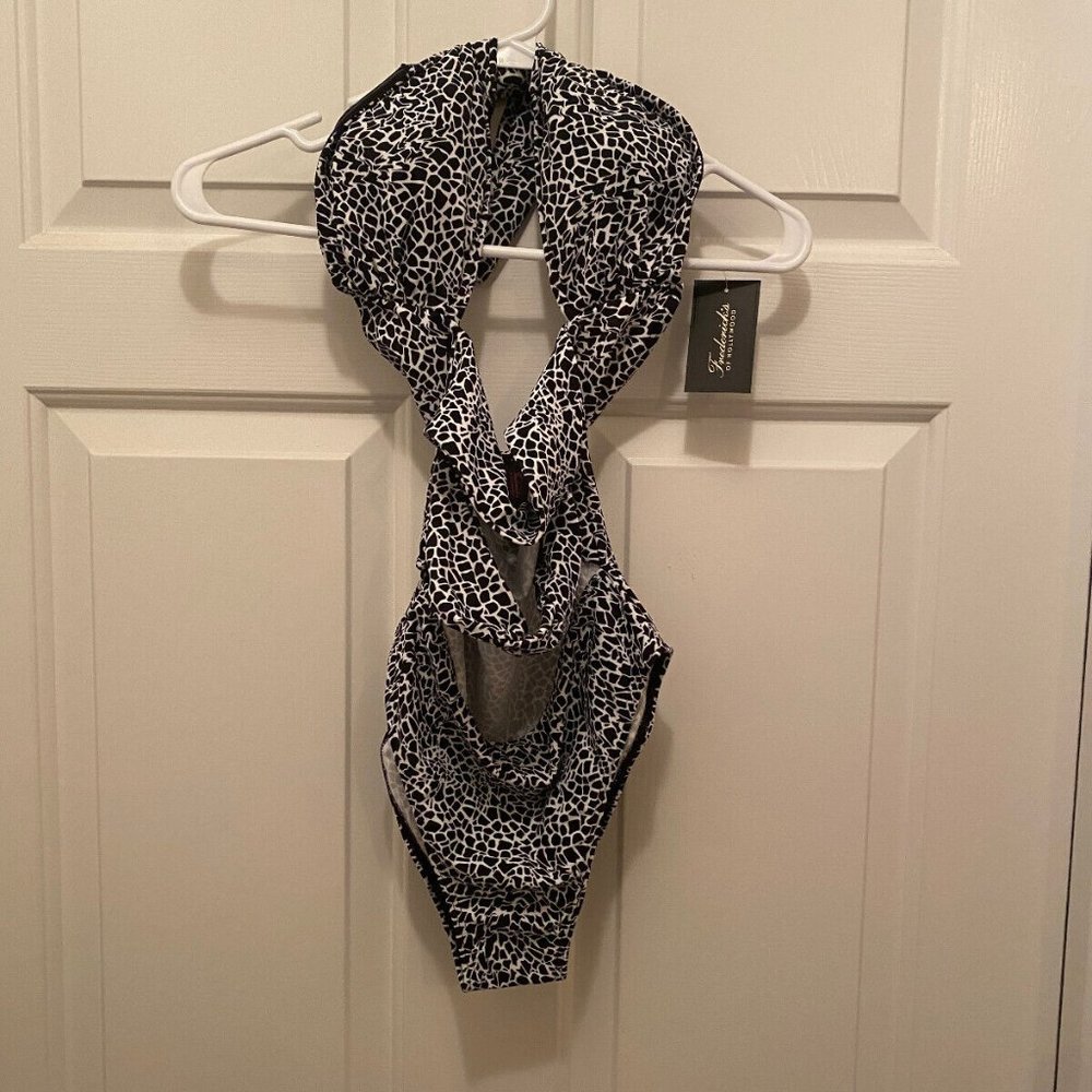 NWT Frederick's of Hollywood Montauk Tie Up One Piece Swimsuit Black White XS